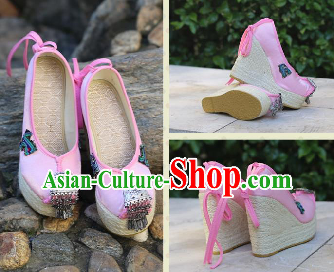 Chinese National Embroidered Pink Cloth Shoes Yunnan Ethnic Silver Tassel Wedge Heel Shoes