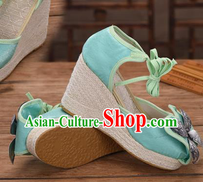 Chinese National Green Cloth Shoes Yunnan Ethnic Silver Wedge Heel Sandal Summer Shoes