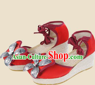 Chinese Yunnan Ethnic Silver Wedge Heel Sandal Summer Shoes National Red Cloth Shoes