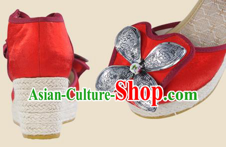 Chinese Yunnan Ethnic Silver Wedge Heel Sandal Summer Shoes National Red Cloth Shoes