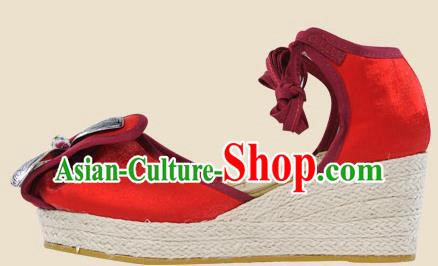 Chinese Yunnan Ethnic Silver Wedge Heel Sandal Summer Shoes National Red Cloth Shoes