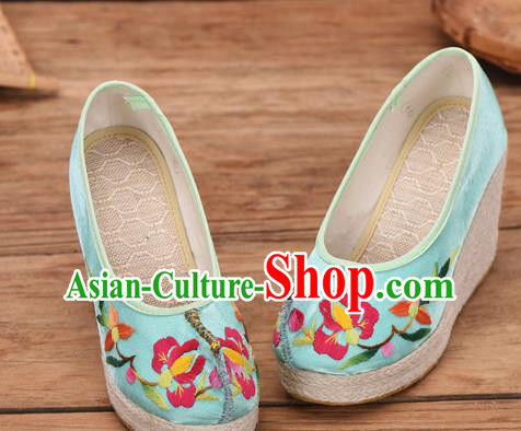 Chinese Yunnan Ethnic Blue Cloth Wedge Heel Shoes National Embroidered Shoes