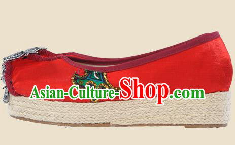 Chinese Yunnan Miao Ethnic Folk Dance Wedge Heel Shoes National Embroidered Red Cloth Shoes