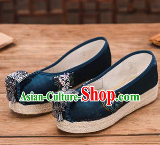 Chinese National Embroidered Royalblue Cloth Shoes Yunnan Miao Ethnic Folk Dance Wedge Heel Shoes