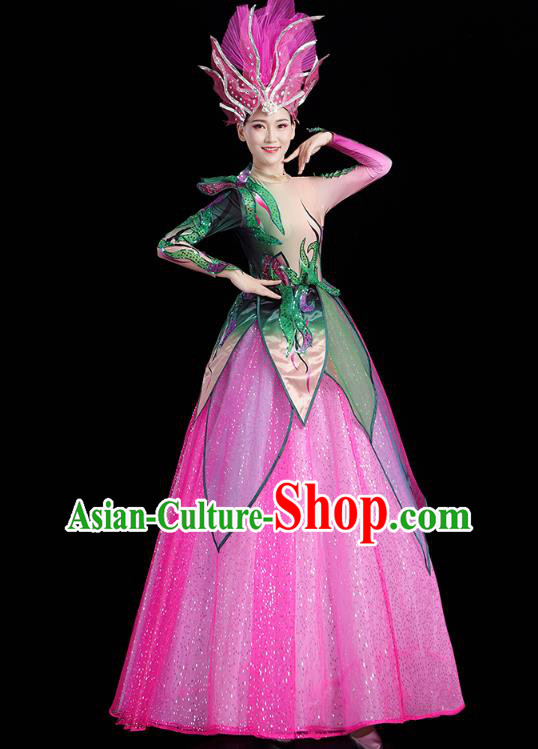 China Flowers Dance Modern Dance Clothing Spring Festival Gala Opening Dance Rosy Dress