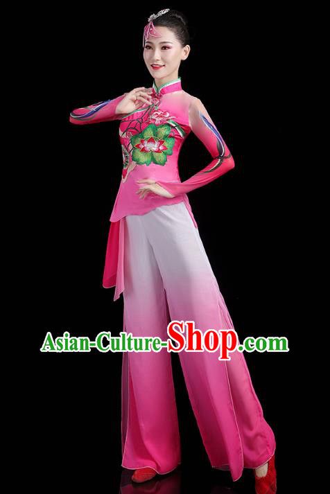 China Fan Dance Yangko Dance Clothing Traditional Folk Dance Lotus Dance Rosy Outfits