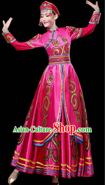 Chinese Traditional Mongolian Nationality Woman Costume Mongol Ethnic Folk Dance Rosy Dress