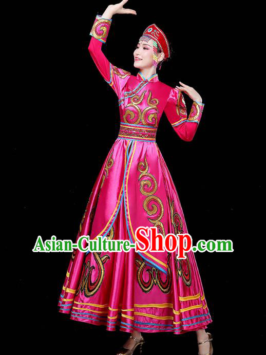 Chinese Traditional Mongolian Nationality Woman Costume Mongol Ethnic Folk Dance Rosy Dress