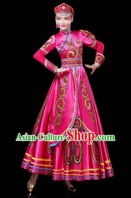 Chinese Traditional Mongolian Nationality Woman Costume Mongol Ethnic Folk Dance Rosy Dress