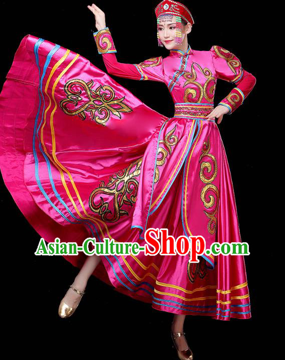 Chinese Traditional Mongolian Nationality Woman Costume Mongol Ethnic Folk Dance Rosy Dress