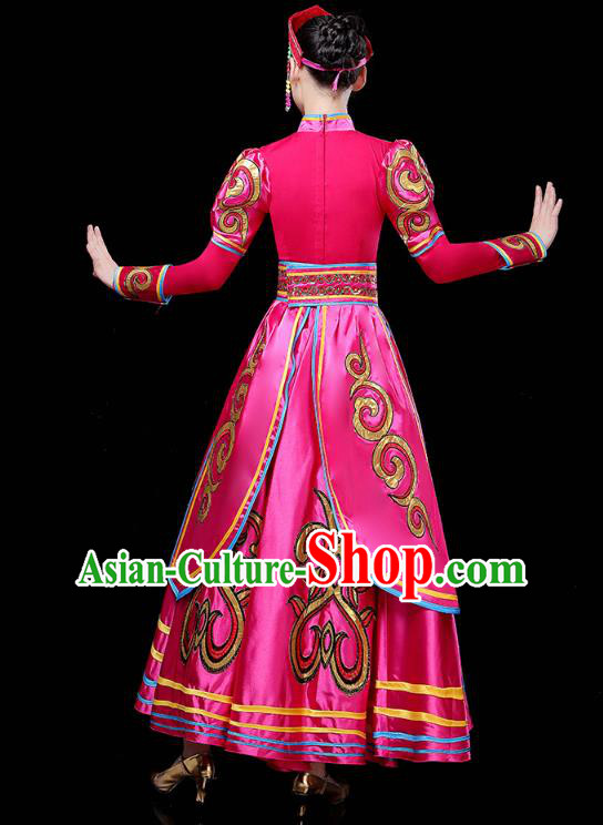 Chinese Traditional Mongolian Nationality Woman Costume Mongol Ethnic Folk Dance Rosy Dress