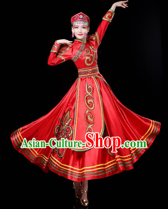 Chinese Mongol Ethnic Folk Dance Red Dress Traditional Mongolian Nationality Wedding Bride Costume