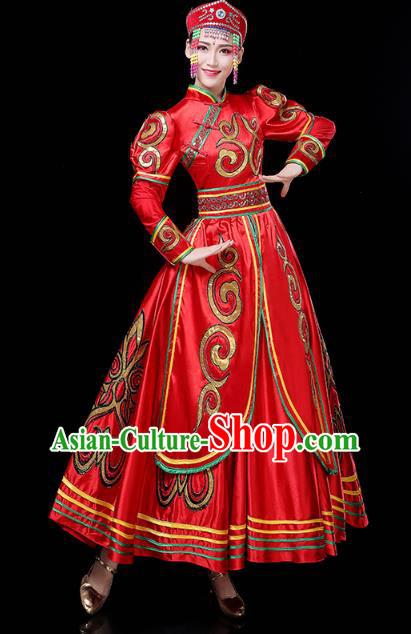 Chinese Mongol Ethnic Folk Dance Red Dress Traditional Mongolian Nationality Wedding Bride Costume