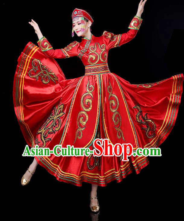 Chinese Mongol Ethnic Folk Dance Red Dress Traditional Mongolian Nationality Wedding Bride Costume