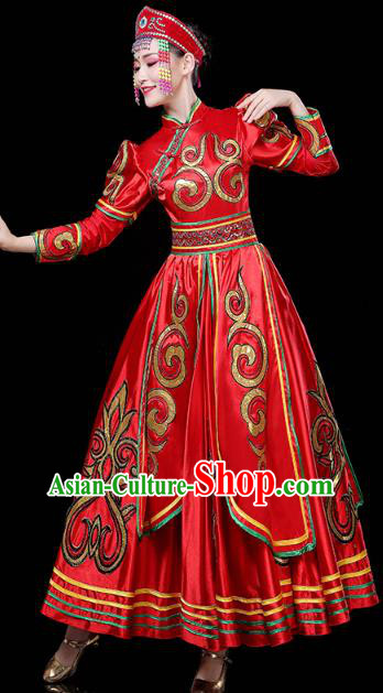 Chinese Mongol Ethnic Folk Dance Red Dress Traditional Mongolian Nationality Wedding Bride Costume