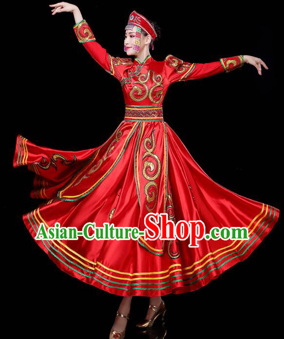 Chinese Mongol Ethnic Folk Dance Red Dress Traditional Mongolian Nationality Wedding Bride Costume