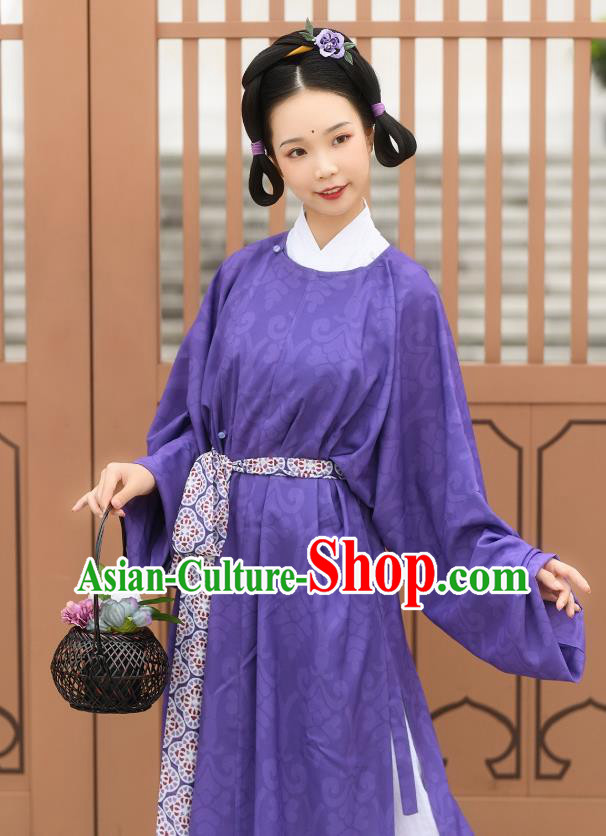China Tang Dynasty Young Lady Historical Costume Ancient Court Maid Purple Hanfu Robe