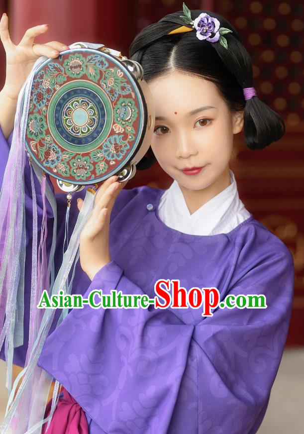 China Tang Dynasty Young Lady Historical Costume Ancient Court Maid Purple Hanfu Robe