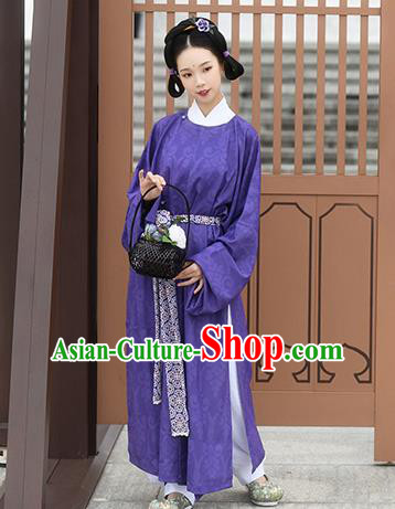 China Tang Dynasty Young Lady Historical Costume Ancient Court Maid Purple Hanfu Robe