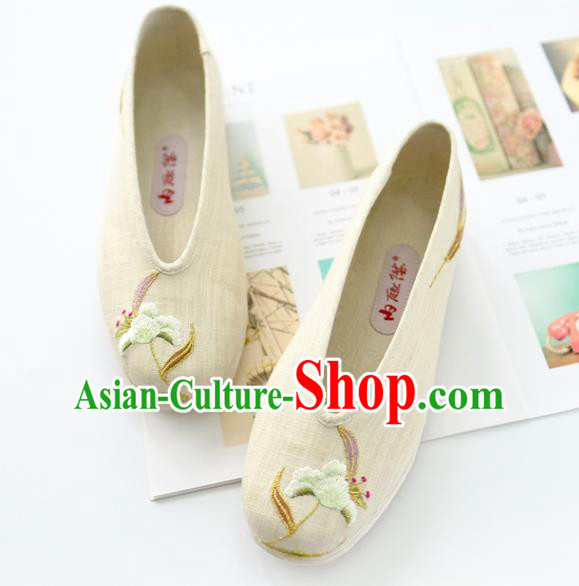China Beige Embroidered Shoes Traditional Qing Dynasty Palace Lady Shoes Handmade Cloth Shoes