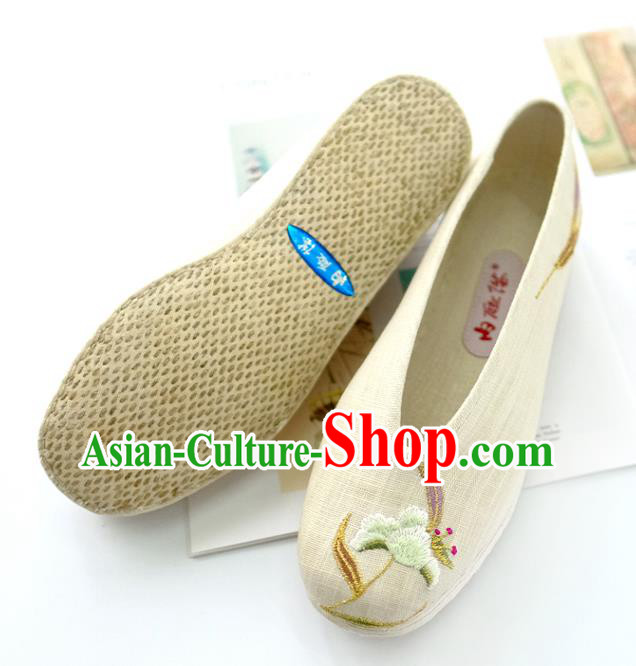 China Beige Embroidered Shoes Traditional Qing Dynasty Palace Lady Shoes Handmade Cloth Shoes
