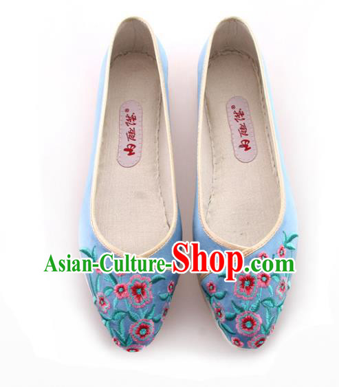 China Handmade Blue Cloth Shoes Embroidered Flowers Shoes Traditional Qing Dynasty Palace Lady Shoes
