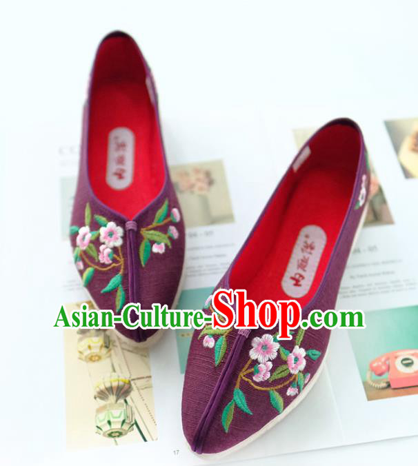 China Traditional Folk Dance Shoes Handmade Purple Cloth Shoes Embroidered Flowers Shoes
