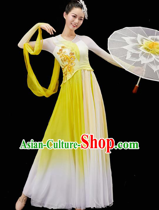 China Traditional Umbrella Dance Garment Solo Dance Clothing Classical Dance Yellow Dress