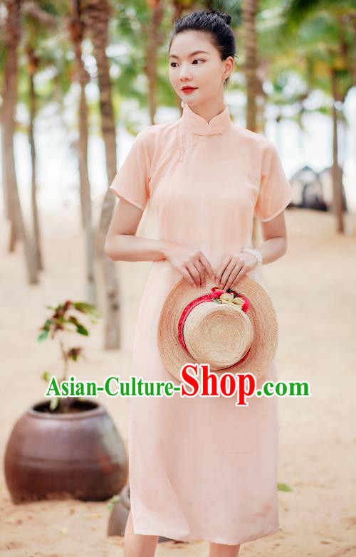 Chinese National Young Lady Cheongsam Costume Traditional Stand Collar Pink Qipao Dress