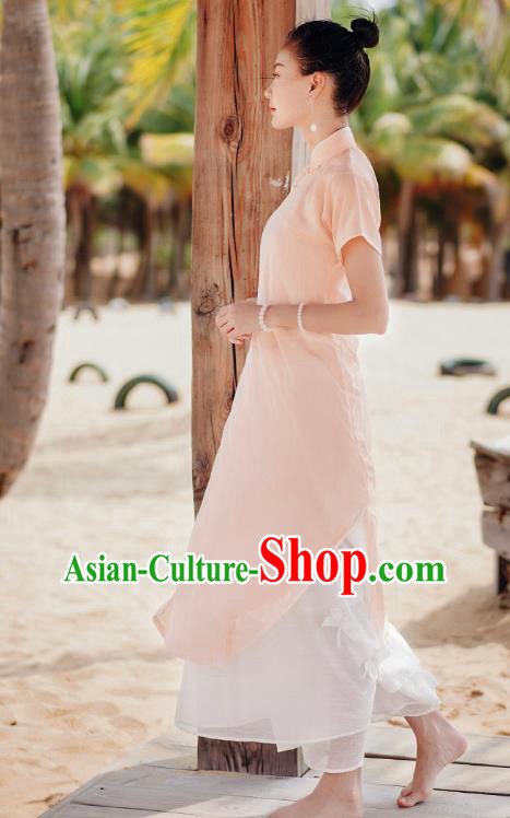 Chinese National Young Lady Cheongsam Costume Traditional Stand Collar Pink Qipao Dress