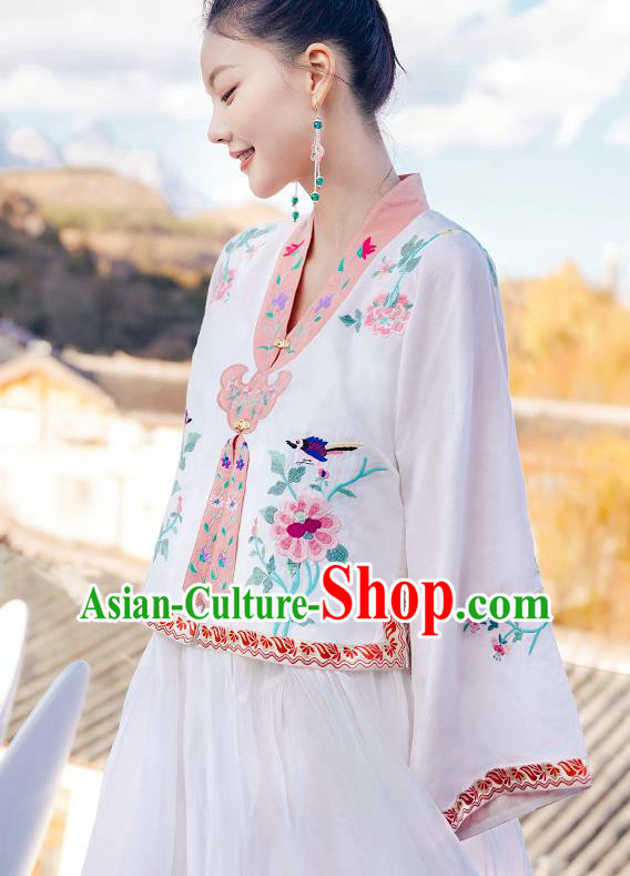 China Traditional Embroidered White Blouse National Tang Suit Upper Outer Garment Clothing