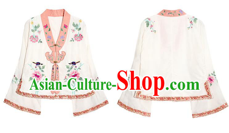 China Traditional Embroidered White Blouse National Tang Suit Upper Outer Garment Clothing