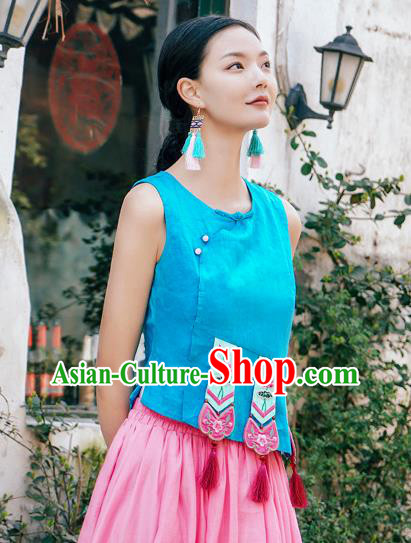 China National Tang Suit Upper Outer Garment Clothing Traditional Embroidered Blue Vest