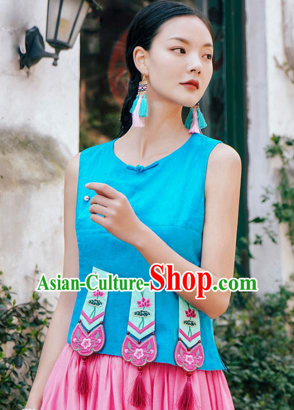 China National Tang Suit Upper Outer Garment Clothing Traditional Embroidered Blue Vest