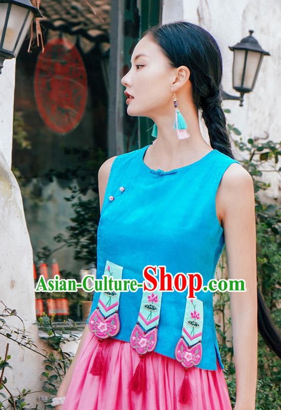 China National Tang Suit Upper Outer Garment Clothing Traditional Embroidered Blue Vest