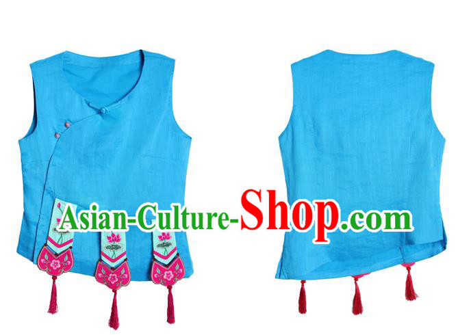 China National Tang Suit Upper Outer Garment Clothing Traditional Embroidered Blue Vest