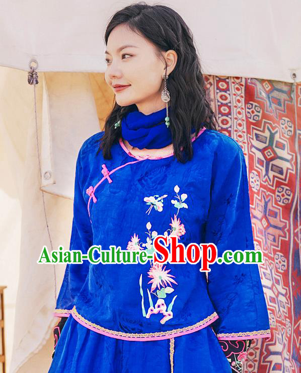 China National Clothing Tang Suit Upper Outer Garment Traditional Embroidered Royalblue Blouse