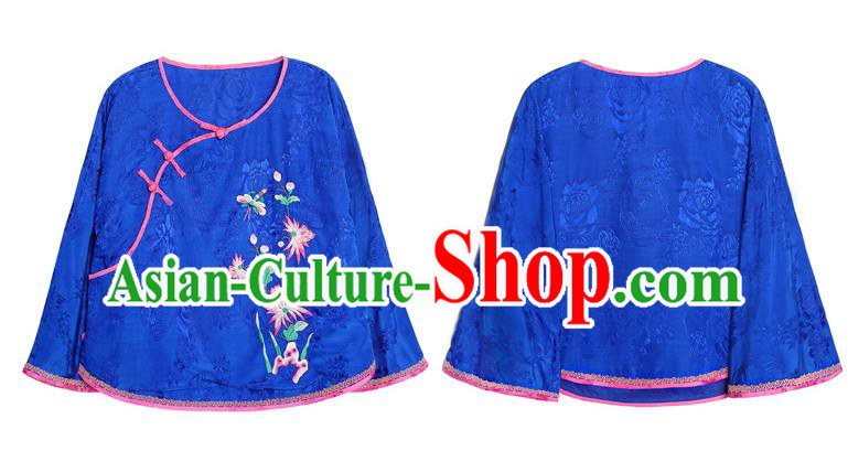 China National Clothing Tang Suit Upper Outer Garment Traditional Embroidered Royalblue Blouse