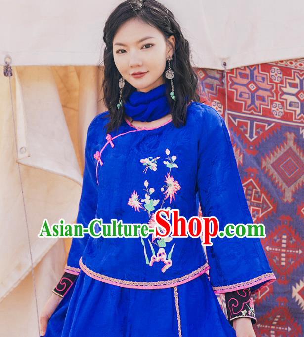 China National Clothing Tang Suit Upper Outer Garment Traditional Embroidered Royalblue Blouse