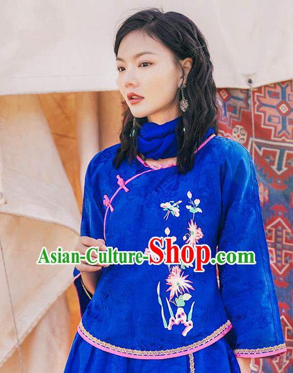China National Clothing Tang Suit Upper Outer Garment Traditional Embroidered Royalblue Blouse