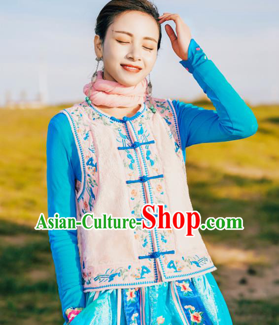 China Traditional Embroidered Pink Vest National Waistcoat Clothing Tang Suit Upper Outer Garment