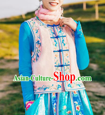 China Traditional Embroidered Pink Vest National Waistcoat Clothing Tang Suit Upper Outer Garment