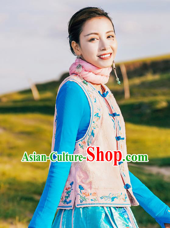 China Traditional Embroidered Pink Vest National Waistcoat Clothing Tang Suit Upper Outer Garment