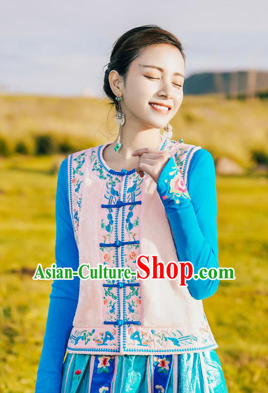 China Traditional Embroidered Pink Vest National Waistcoat Clothing Tang Suit Upper Outer Garment