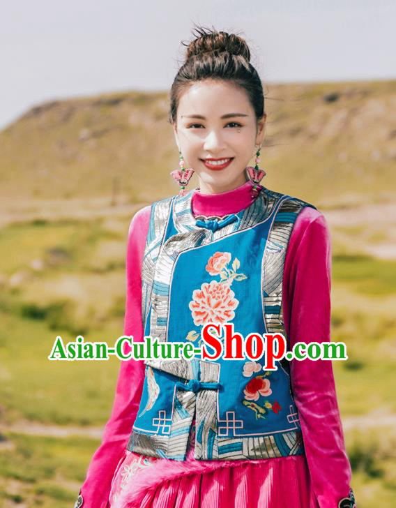 China Tang Suit Upper Outer Garment Traditional Embroidered Blue Vest National Waistcoat Clothing
