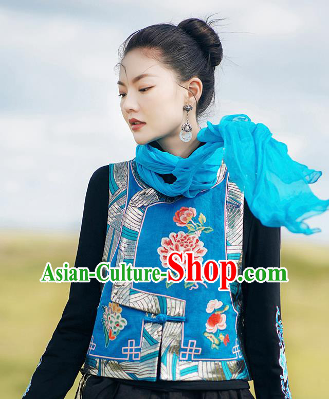 China Tang Suit Upper Outer Garment Traditional Embroidered Blue Vest National Waistcoat Clothing