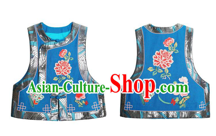 China Tang Suit Upper Outer Garment Traditional Embroidered Blue Vest National Waistcoat Clothing