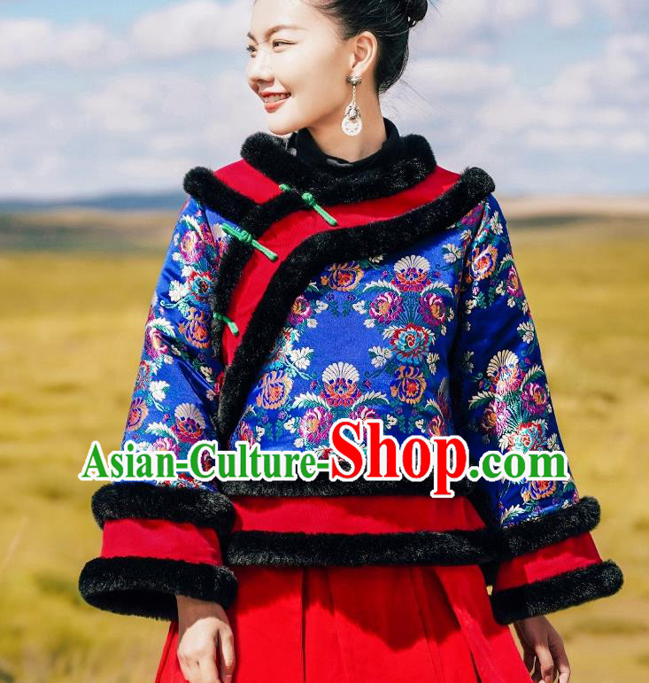 Chinese Traditional Woman Winter Outer Garment Costume Tang Suit Embroidered Royalblue Cotton Wadded Jacket