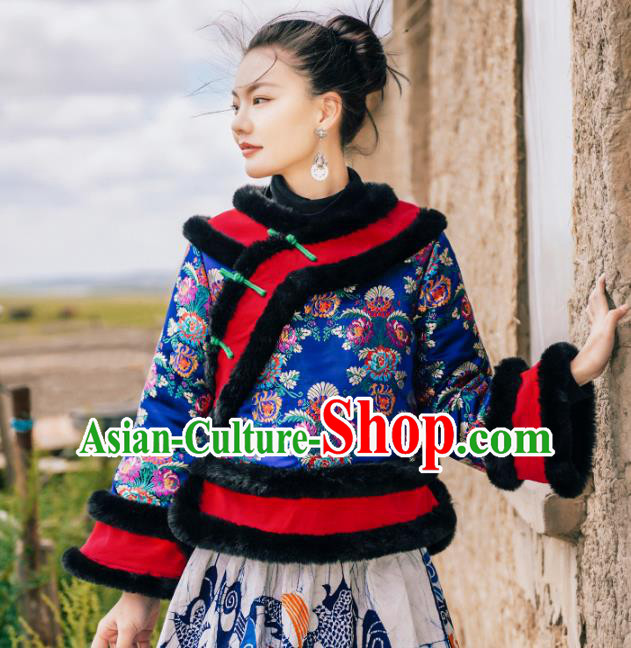 Chinese Traditional Woman Winter Outer Garment Costume Tang Suit Embroidered Royalblue Cotton Wadded Jacket