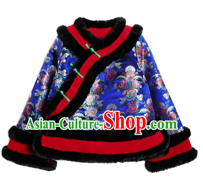 Chinese Traditional Woman Winter Outer Garment Costume Tang Suit Embroidered Royalblue Cotton Wadded Jacket